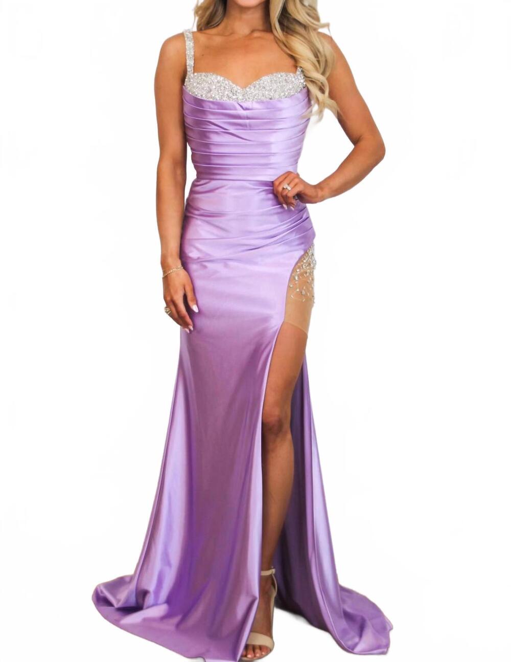 NEW CINDERELLA DIVINE priscilla embellished satin slit formal dress in lavender